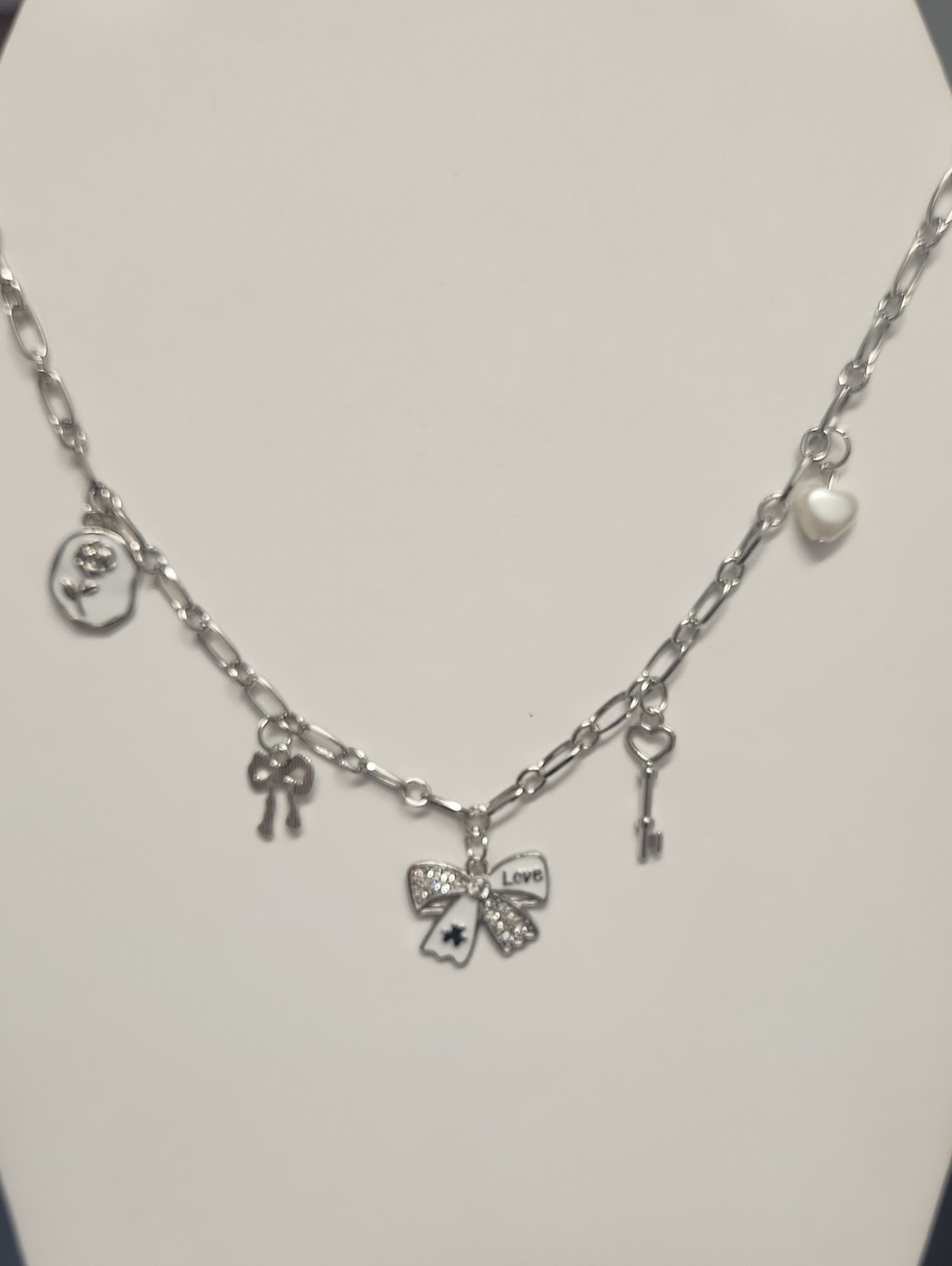 Silver Bow Charm Necklace with Heart, Key & Love Tag